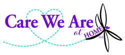 Care We Are at Home logo featuring purple text, teal heart line, and black dragonfly