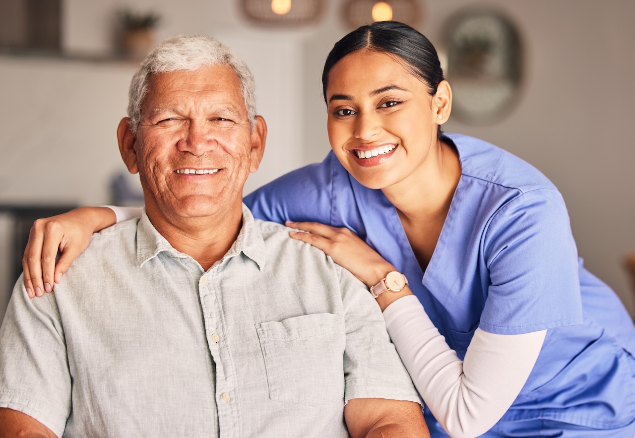 Happy nurse and senior adult man with support, medical service and helping patient in retirement.